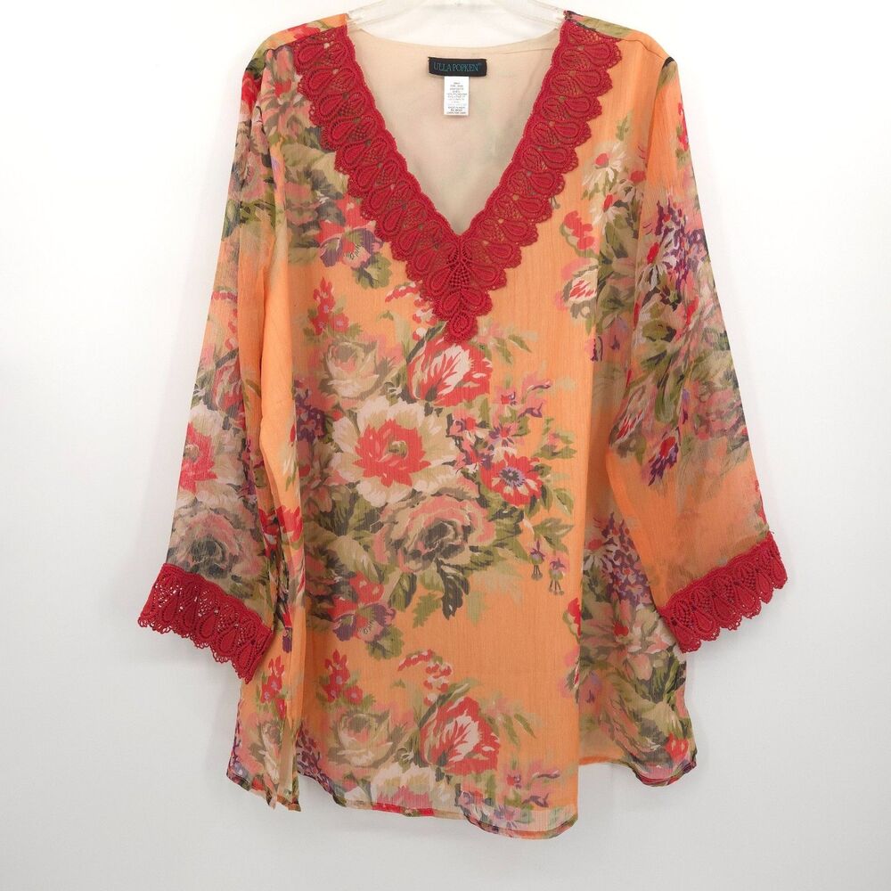 Ulla Popken floral lace trim chiffon tunic top Plus Size 20/22 orange‎ fall